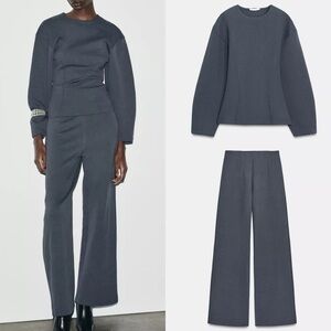 Zara NWT 2 piece matching SET gray cinched waist structured top & stretch pants